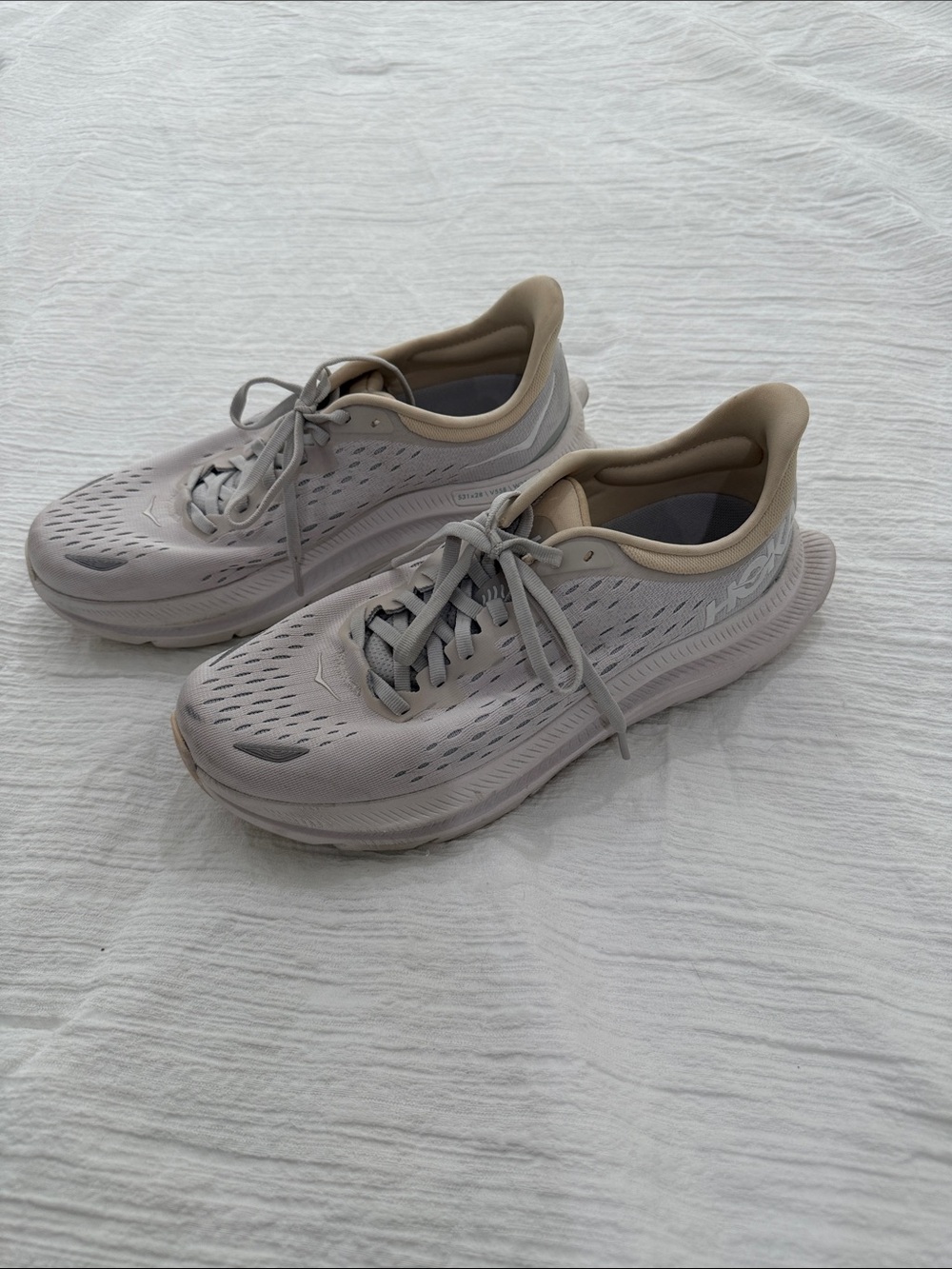 Hoka Women's Athletic Running Shoes in Light Gray and Beige